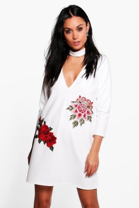 Embroidered Choker Shift Dress